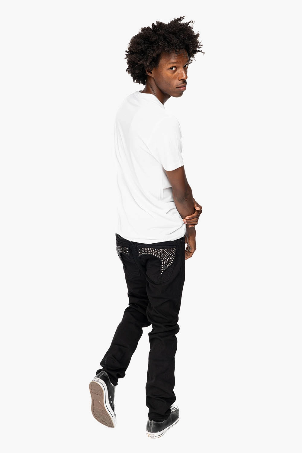 Comfy Option KILLER FLAP MENS SKINNY JEANS IN PURE BLACK  FULLY EMBELLISHED WITH BLK DIAMOND CRYSTALS