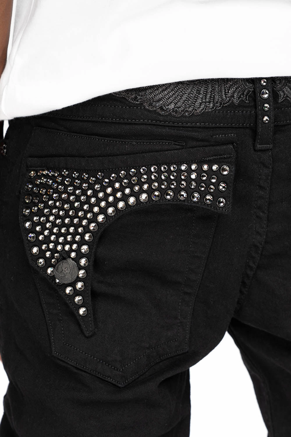 Daily Favorite KILLER FLAP MENS SKINNY JEANS IN PURE BLACK  FULLY EMBELLISHED WITH BLK DIAMOND CRYSTALS