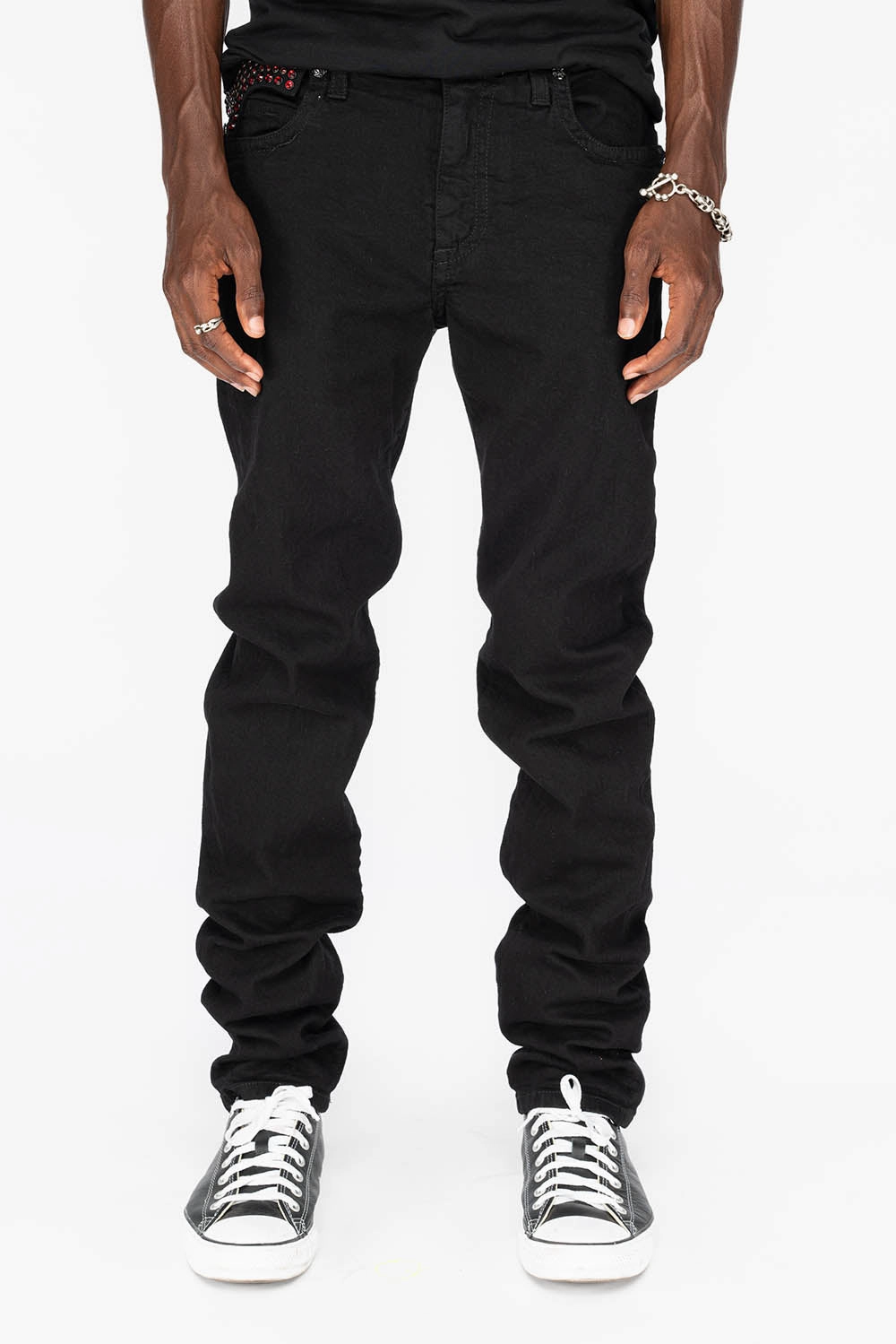 KILLER FLAP MENS SKINNY JEANS IN PURE BLACK WITH BLK TONAL WINGS AND FULL RED CRYSTALS Relaxed Thigh Cut