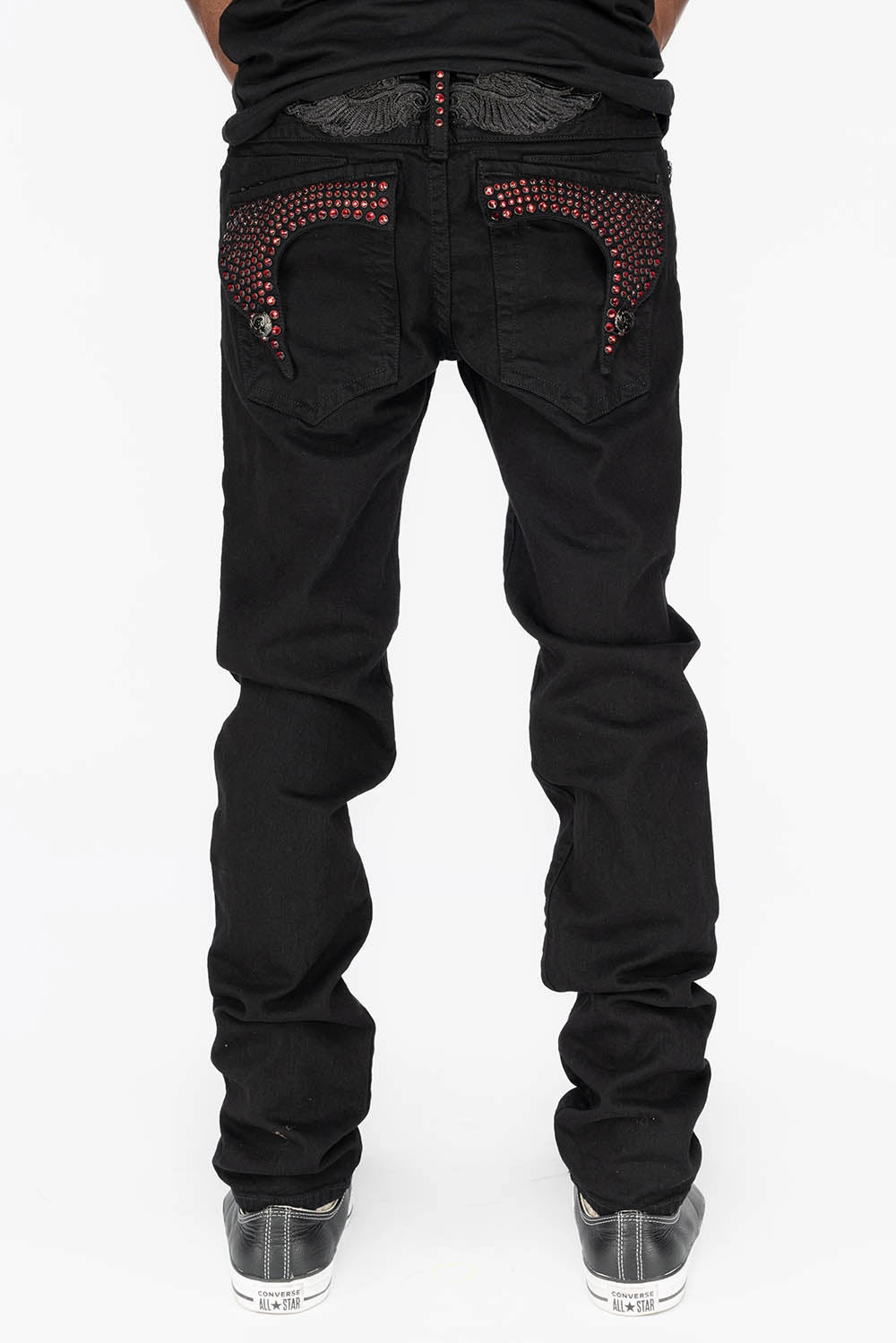 KILLER FLAP MENS SKINNY JEANS IN PURE BLACK WITH BLK TONAL WINGS AND FULL RED CRYSTALS Core Item Durable Rivet Hardware