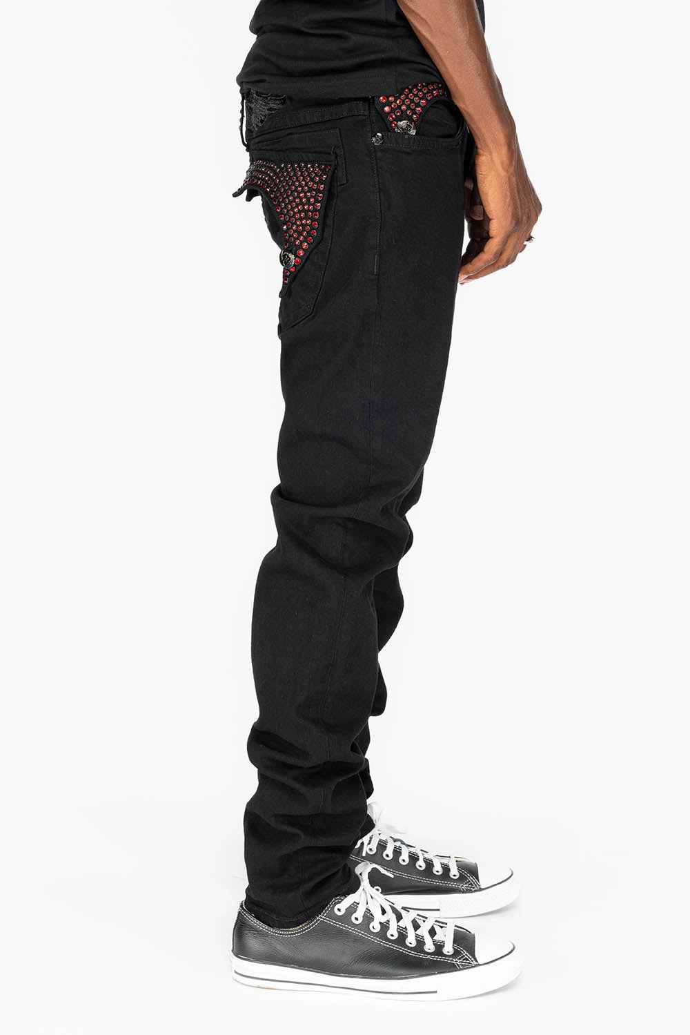 Total Comfort Trusted Outfit KILLER FLAP MENS SKINNY JEANS IN PURE BLACK WITH BLK TONAL WINGS AND FULL RED CRYSTALS