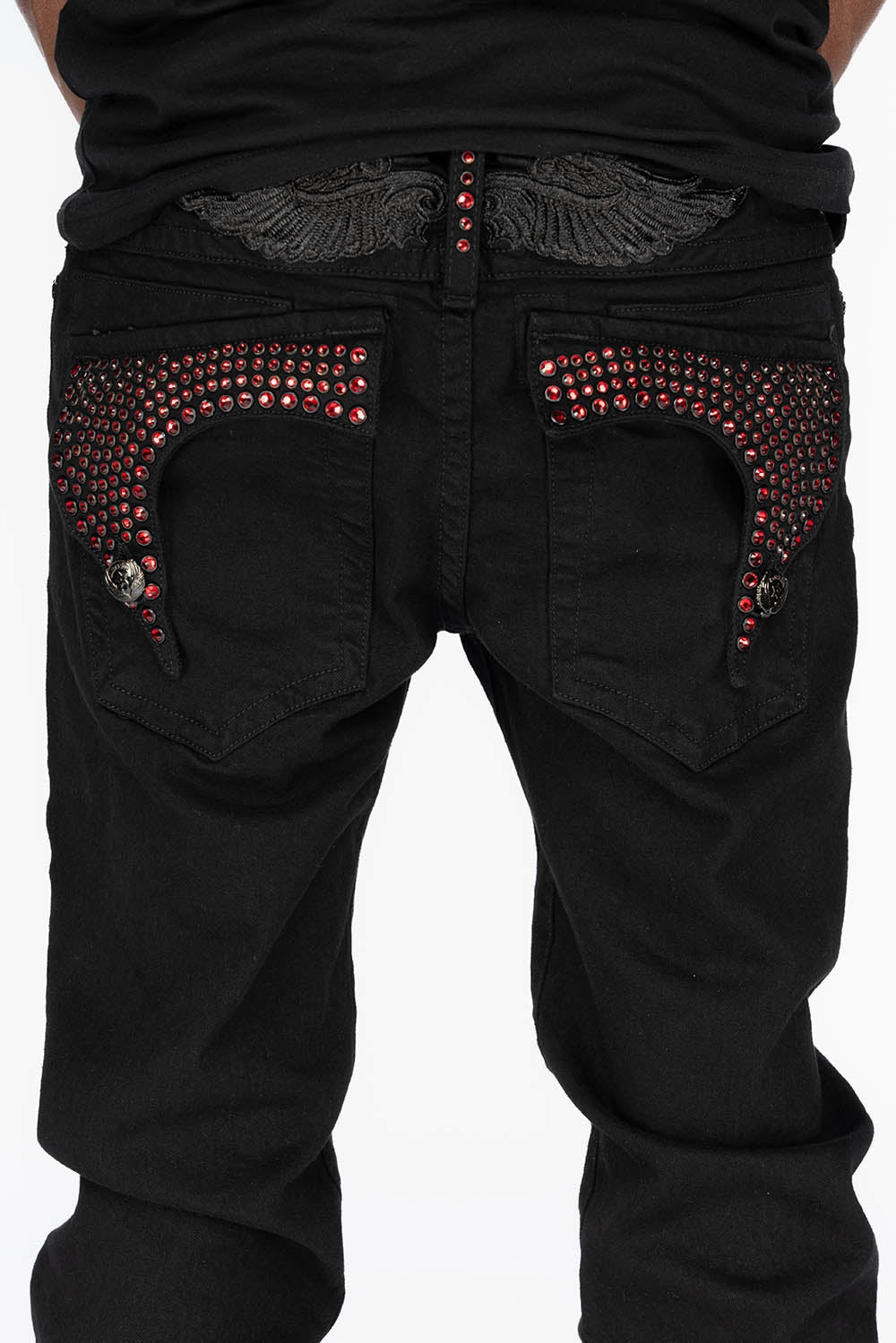 Layer Friendly Piece KILLER FLAP MENS SKINNY JEANS IN PURE BLACK WITH BLK TONAL WINGS AND FULL RED CRYSTALS