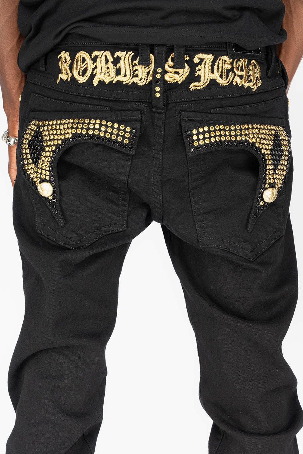 KILLER FLAP MENS SKINNY JEANS IN PURE BLACK WITH GOLD GOTHIC EMBROIDERY FULLY EMBELLISHED  CRYSTALS Sophisticated Look Zip Fly Closure