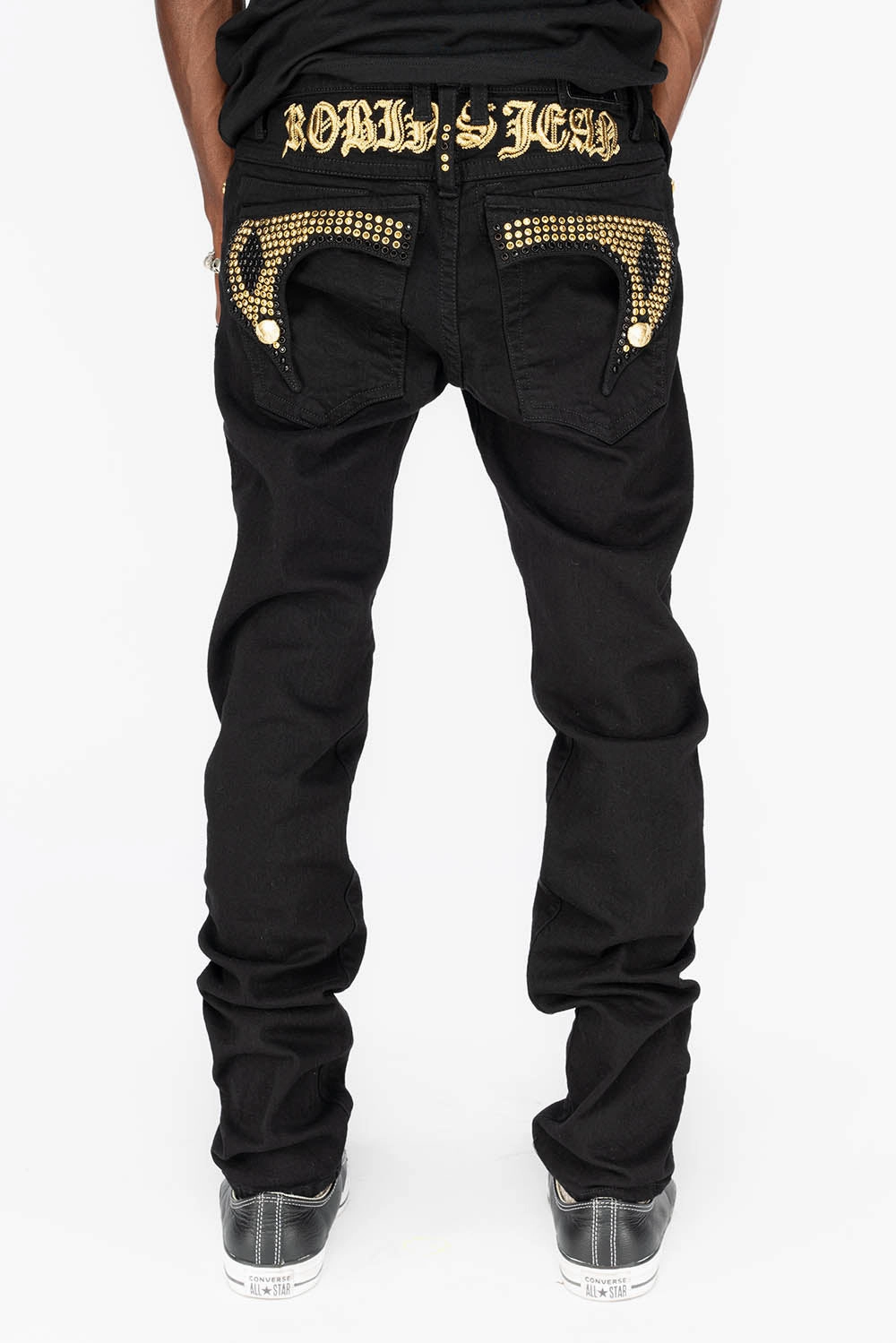KILLER FLAP MENS SKINNY JEANS IN PURE BLACK WITH GOLD GOTHIC EMBROIDERY FULLY EMBELLISHED  CRYSTALS Cool And Clean All Day Use