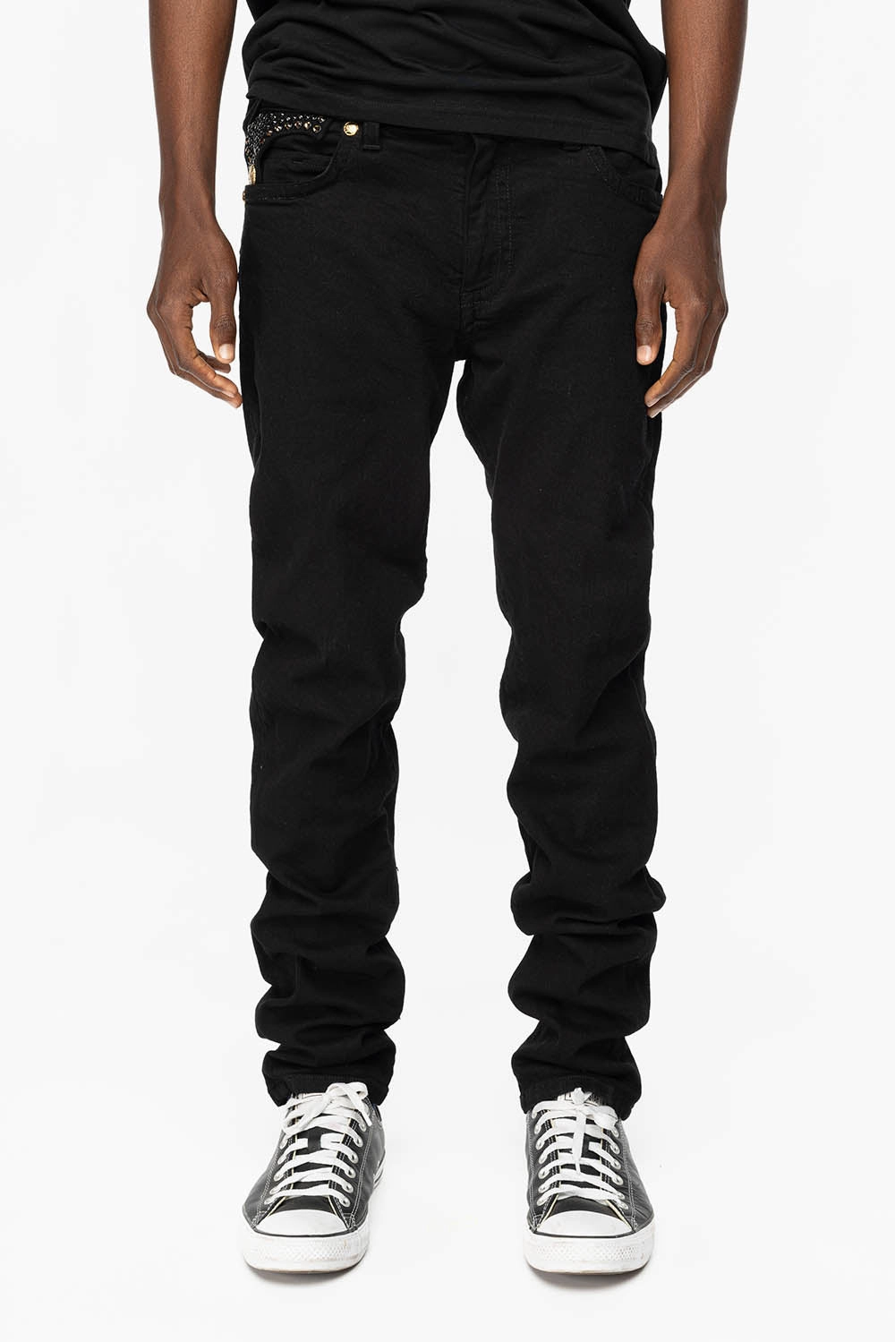 KILLER FLAP MENS SKINNY JEANS IN PURE BLACK WITH GOLD ROBIN??S LOGO AND FULL CRYSTALS Sandblasted Details