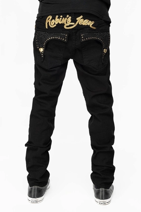 KILLER FLAP MENS SKINNY JEANS IN PURE BLACK WITH GOLD ROBIN??S LOGO AND FULL CRYSTALS Minimalist Elegant