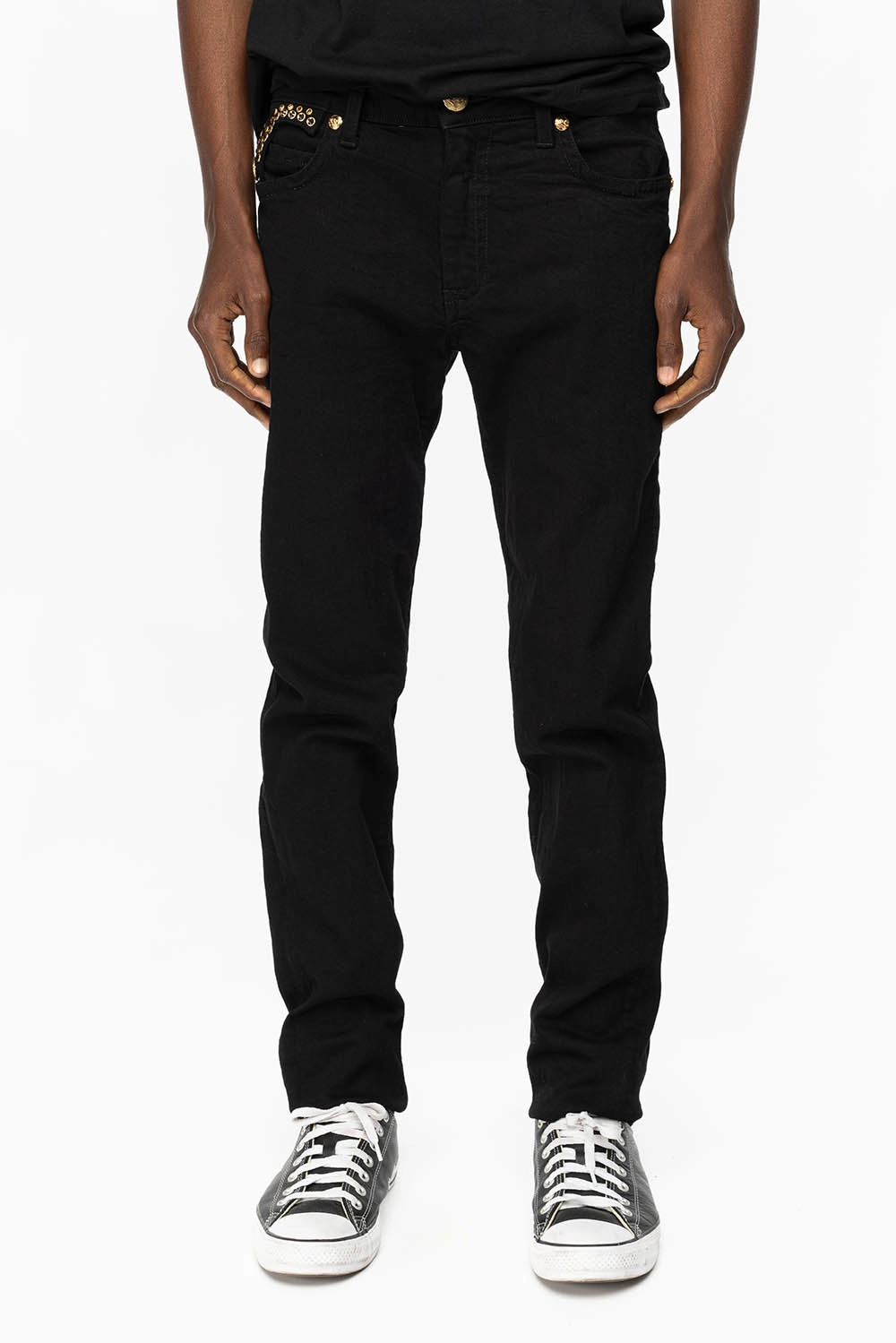 KILLER FLAP MENS SKINNY JEANS IN PURE BLACK WITH GOLD ROBIN??S LOGO AND GOLD AURUM CRYSTALS Rugged Construction Party Look Urban Explorer