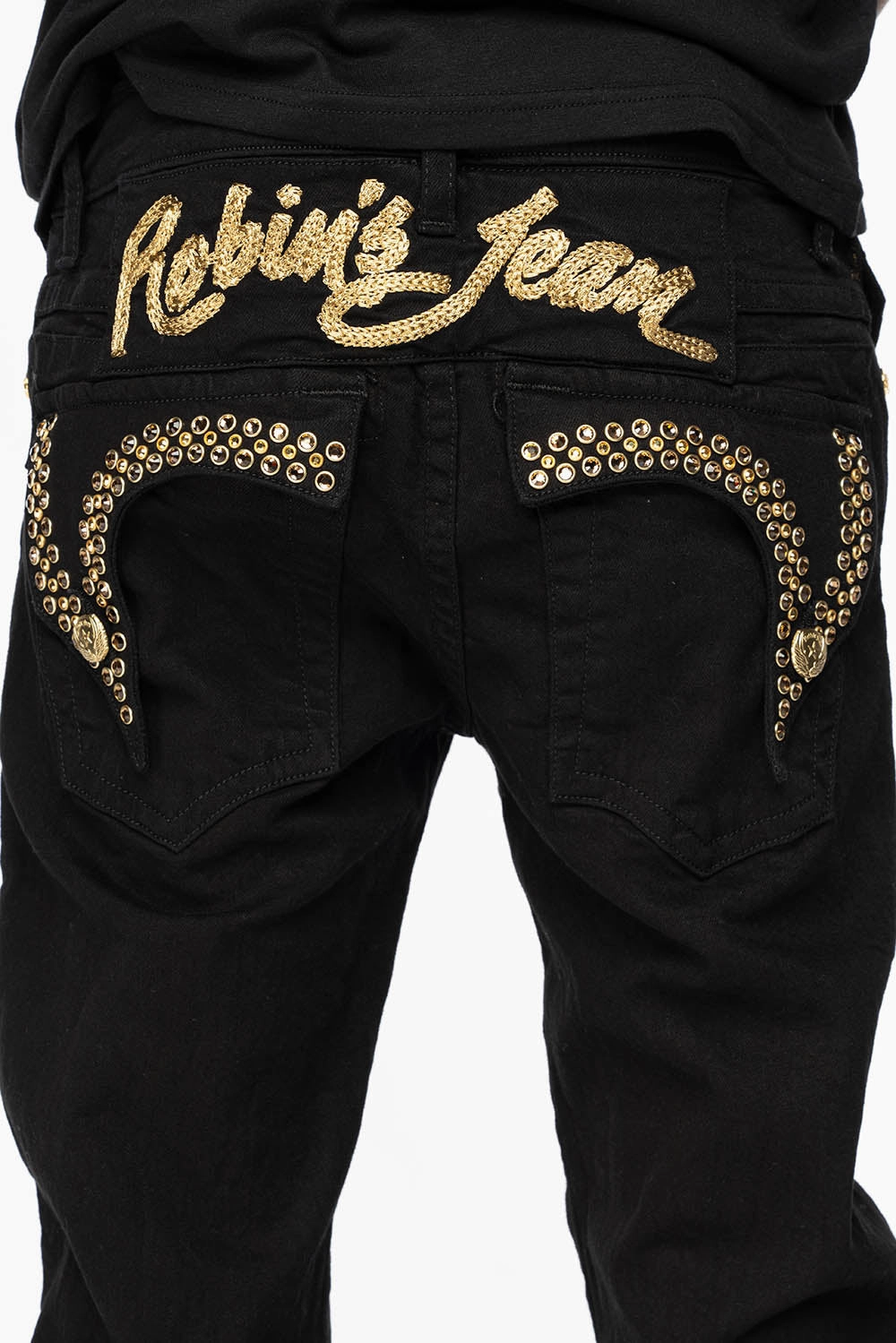 KILLER FLAP MENS SKINNY JEANS IN PURE BLACK WITH GOLD ROBIN??S LOGO AND GOLD AURUM CRYSTALS Fashion Routine Flex Knit Waist Panel
