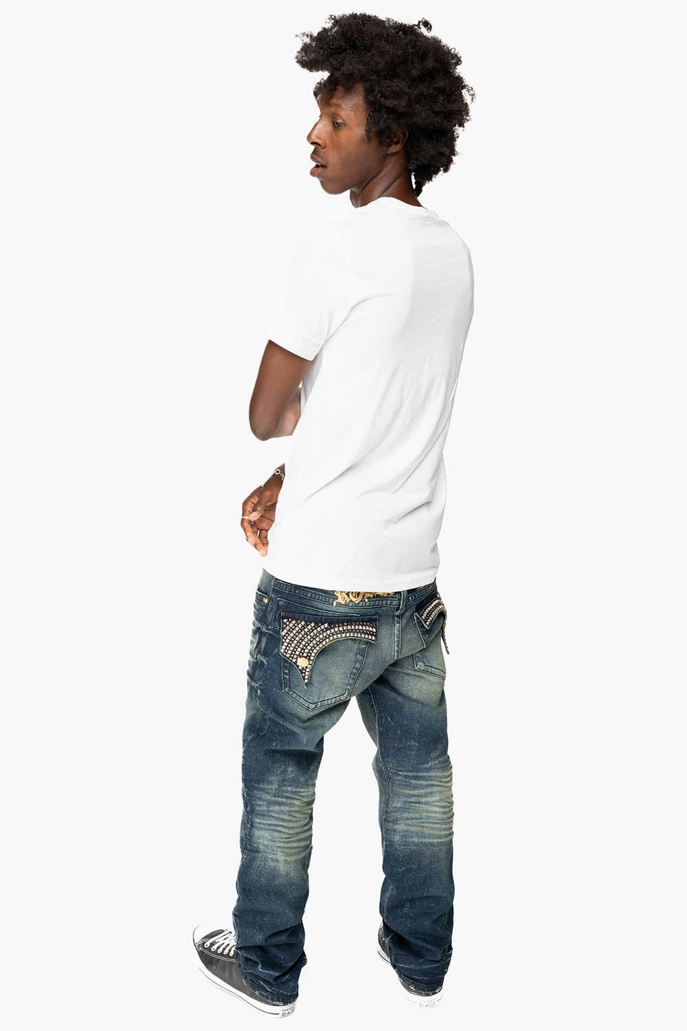 Simple Fashion KILLER FLAP MENS STRAIGHT LEG JEAN IN 4D DARK BLUE WASH WITH STUDS AND CRYSTALS