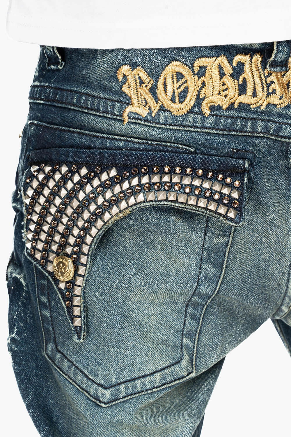 Weekend Style Casual Parent Style KILLER FLAP MENS STRAIGHT LEG JEAN IN 4D DARK BLUE WASH WITH STUDS AND CRYSTALS