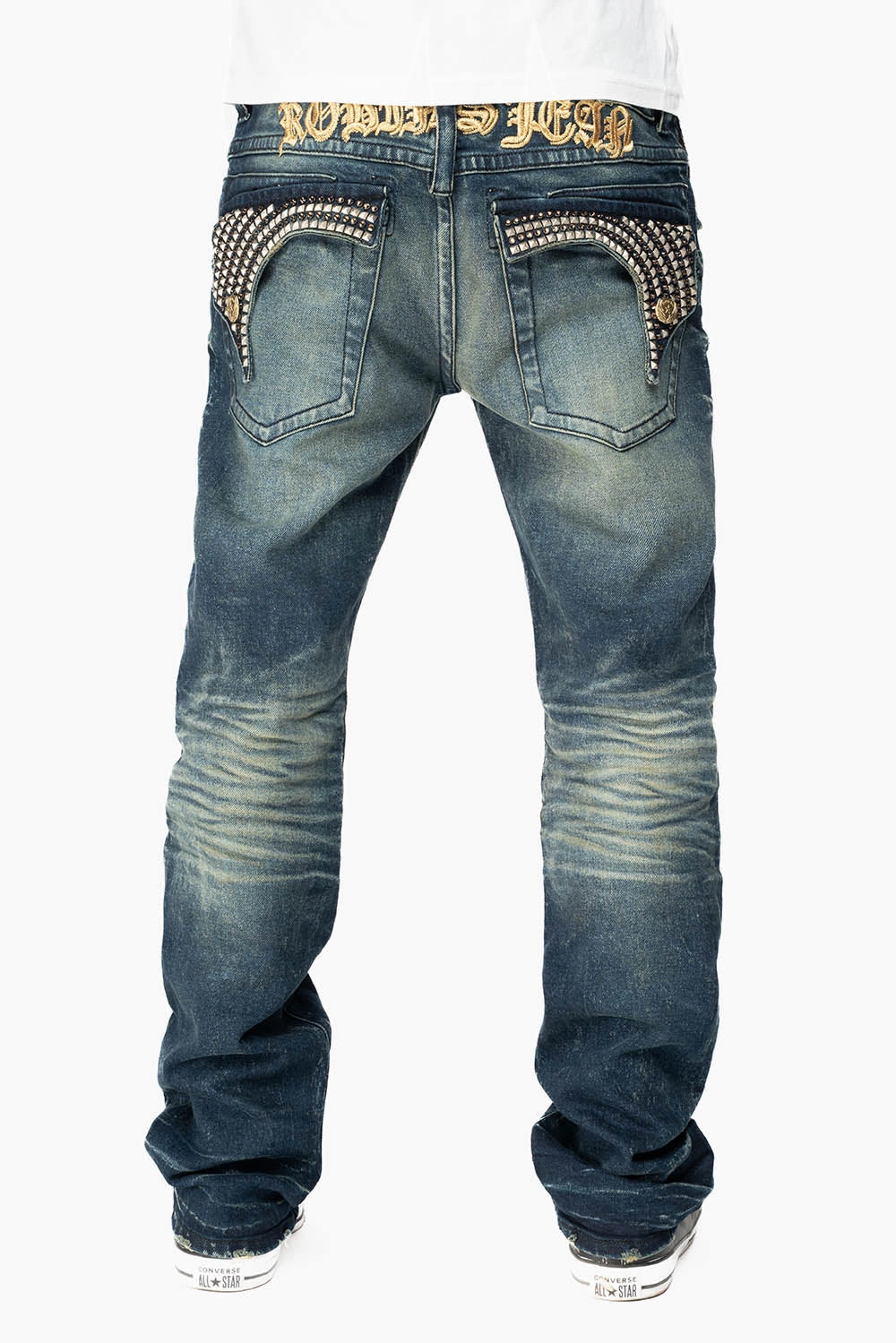 Anti Fade Technology KILLER FLAP MENS STRAIGHT LEG JEAN IN 4D DARK BLUE WASH WITH STUDS AND CRYSTALS