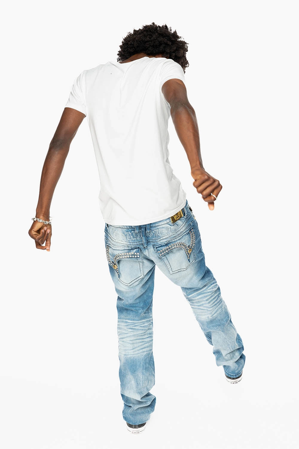 KILLER FLAP MENS STRAIGHT LEG JEAN IN 5D LIGHT BLUE WASH EMBELLISHED WITH CRYSTALS Breathable Travel Outfit Brunch Outfit