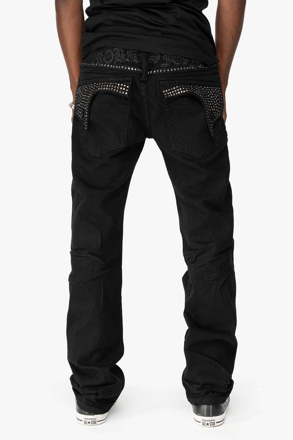 Iconic Outfit KILLER FLAP MENS STRAIGHT LEG JEAN IN BLACK FULLY EMBELLISHED WITH BLACK DIAMOND CRYSTALS