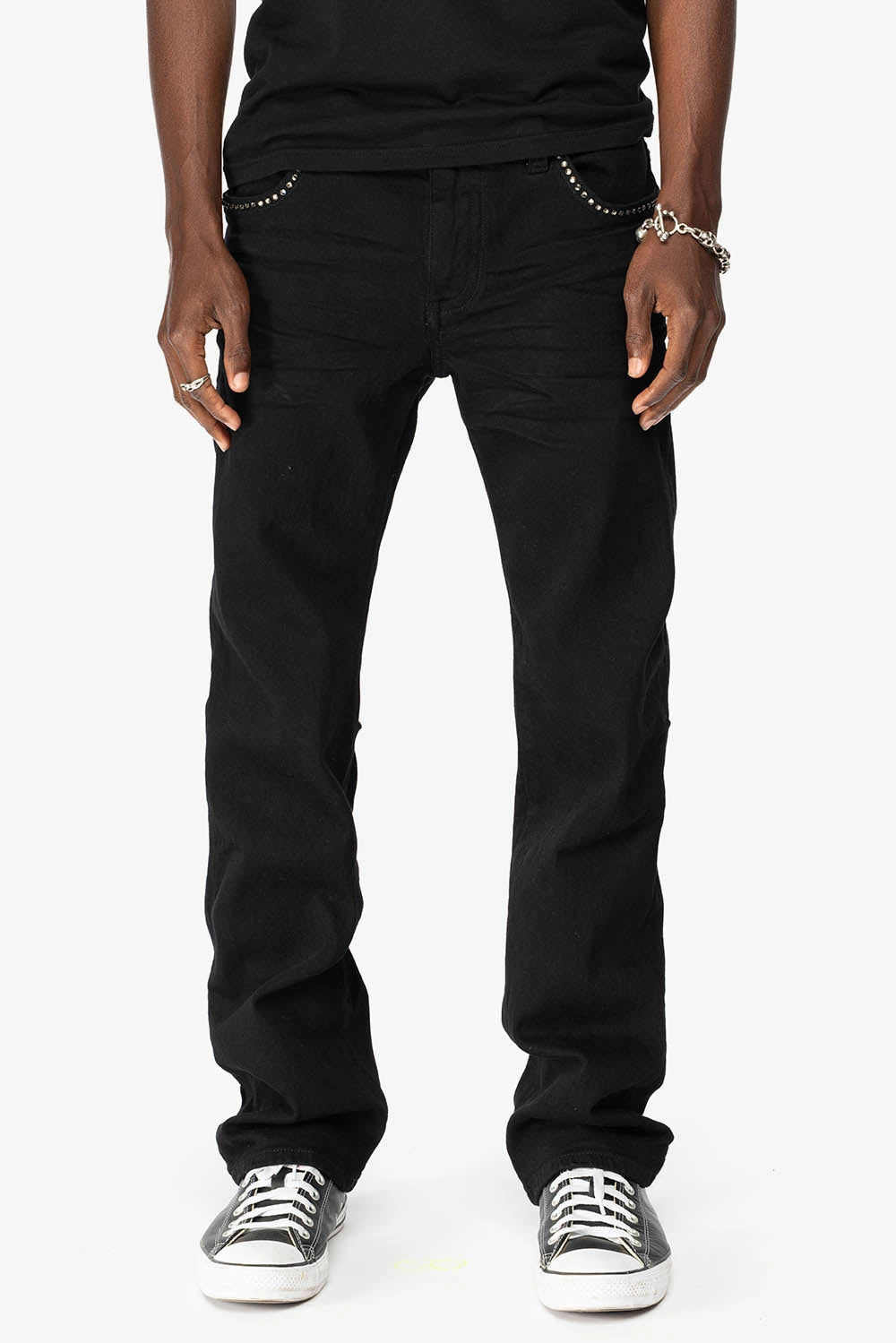 Eco Friendly Lightweight Modern KILLER FLAP MENS STRAIGHT LEG JEAN IN BLACK FULLY EMBELLISHED WITH BLACK DIAMOND CRYSTALS