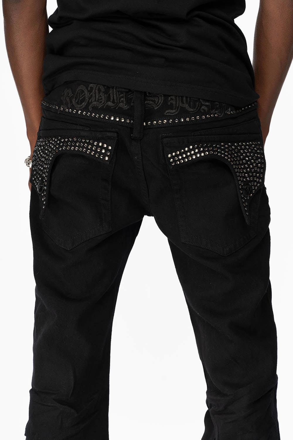Spring Mood Bold KILLER FLAP MENS STRAIGHT LEG JEAN IN BLACK FULLY EMBELLISHED WITH BLACK DIAMOND CRYSTALS