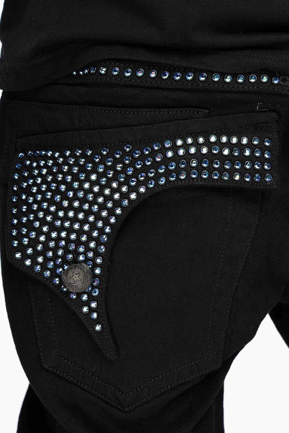 Style Simplicity KILLER FLAP MENS STRAIGHT LEG JEAN IN BLACK FULLY EMBELLISHED WITH SAPPHIRE CRYSTALS