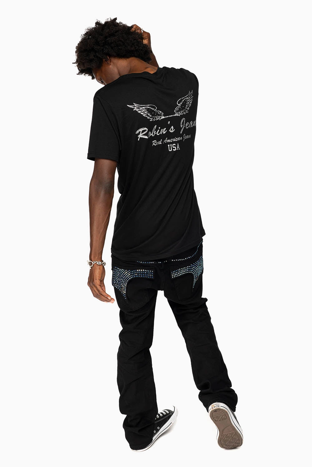 KILLER FLAP MENS STRAIGHT LEG JEAN IN BLACK FULLY EMBELLISHED WITH SAPPHIRE CRYSTALS Shrink Resistant Denim Loose Modern Minimalist