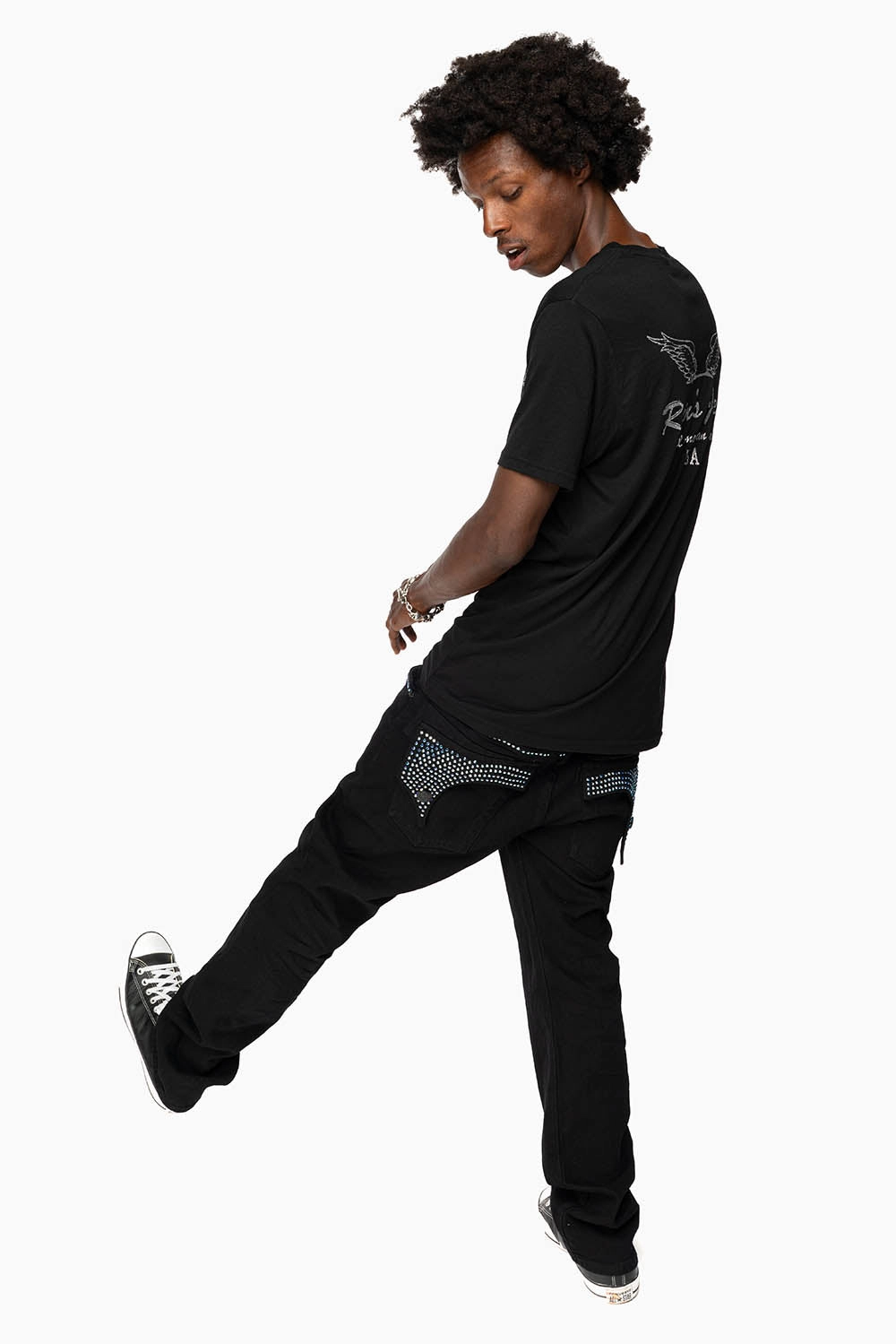 KILLER FLAP MENS STRAIGHT LEG JEAN IN BLACK FULLY EMBELLISHED WITH SAPPHIRE CRYSTALS Outfit Routine Smooth Creative Look Adult Fashion