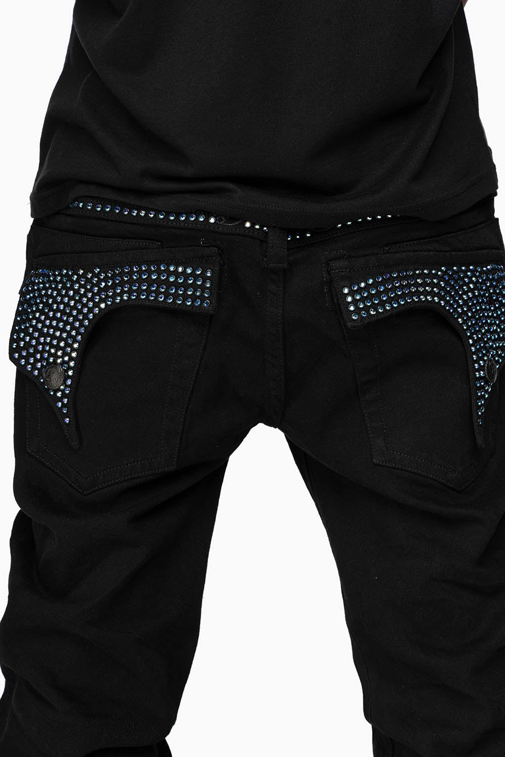 Smart Casual Classic Wear KILLER FLAP MENS STRAIGHT LEG JEAN IN BLACK FULLY EMBELLISHED WITH SAPPHIRE CRYSTALS