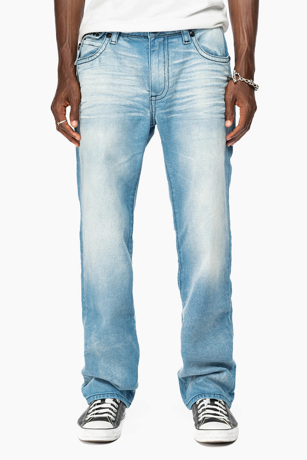 KILLER FLAP MENS STRAIGHT LEG JEAN IN OMAHA LIGHT BLUE WASH EMBELLISHED WITH J CRYSTAL Stylish Vibrant