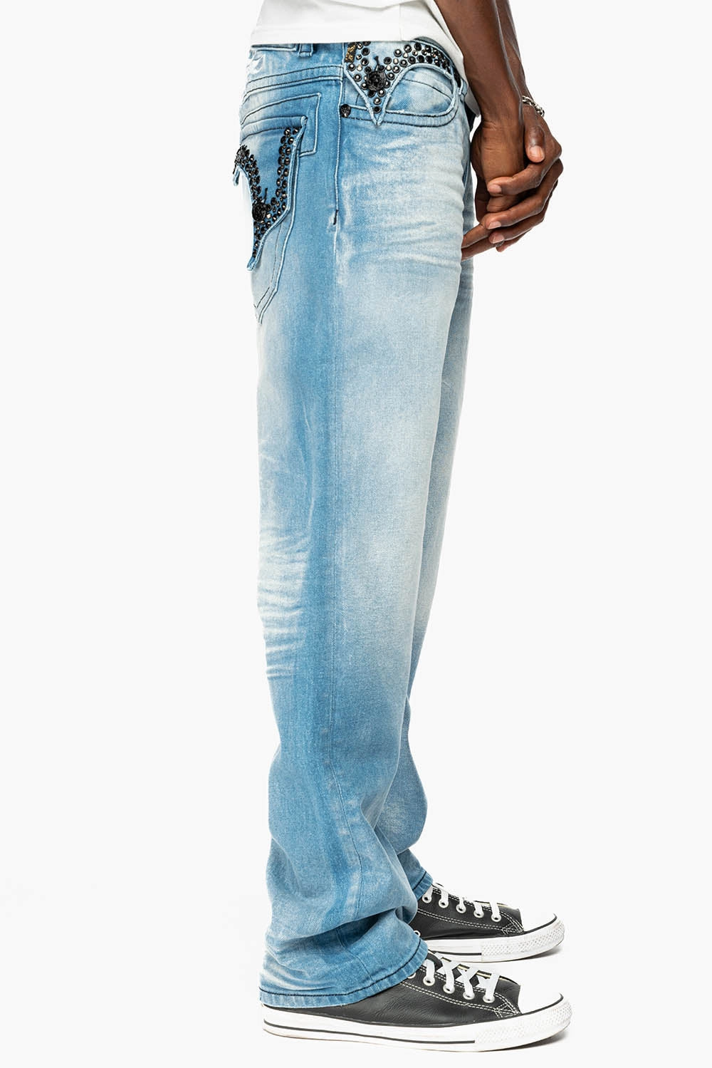 KILLER FLAP MENS STRAIGHT LEG JEAN IN OMAHA LIGHT BLUE WASH EMBELLISHED WITH J CRYSTAL Festival Outfit Comfy Artist Vibe