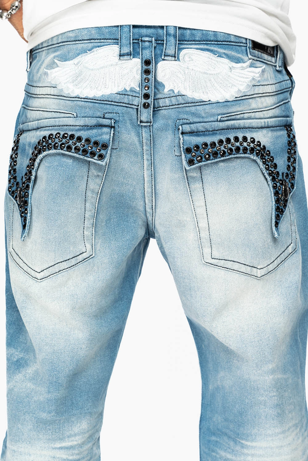 KILLER FLAP MENS STRAIGHT LEG JEAN IN OMAHA LIGHT BLUE WASH EMBELLISHED WITH J CRYSTAL Rainy Day Chill Outfit Nature Lover