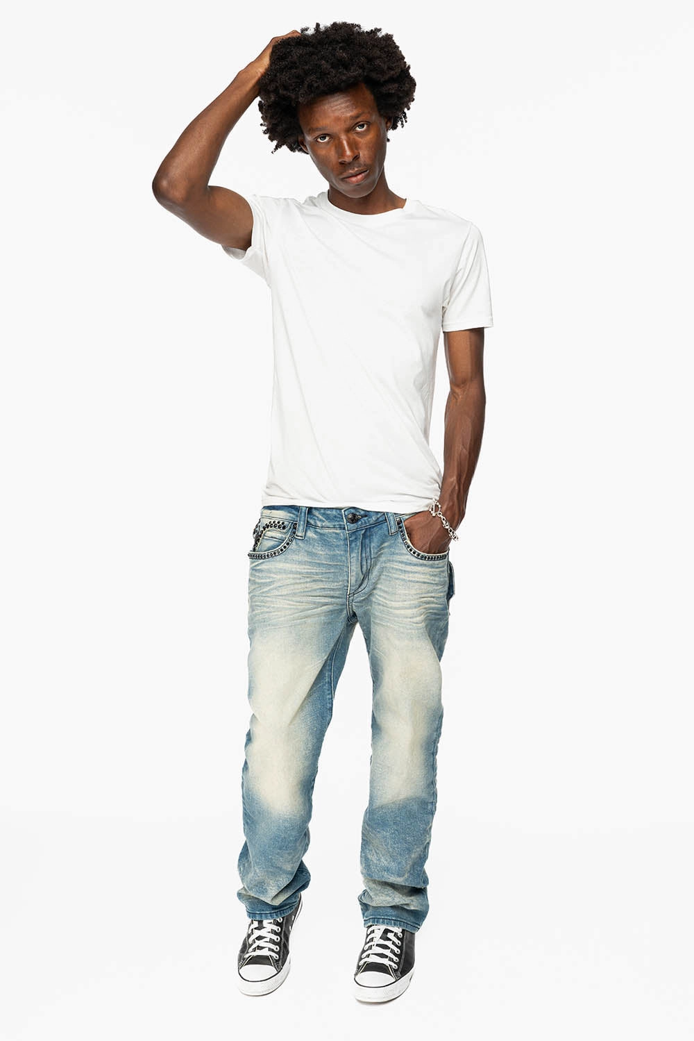 Spring Mood Elegant City Walk KILLER FLAP MENS STRAIGHT LEG JEAN IN OMAHA TAN BLUE WASH EMBELLISHED WITH JET BLK  CRYSTAL