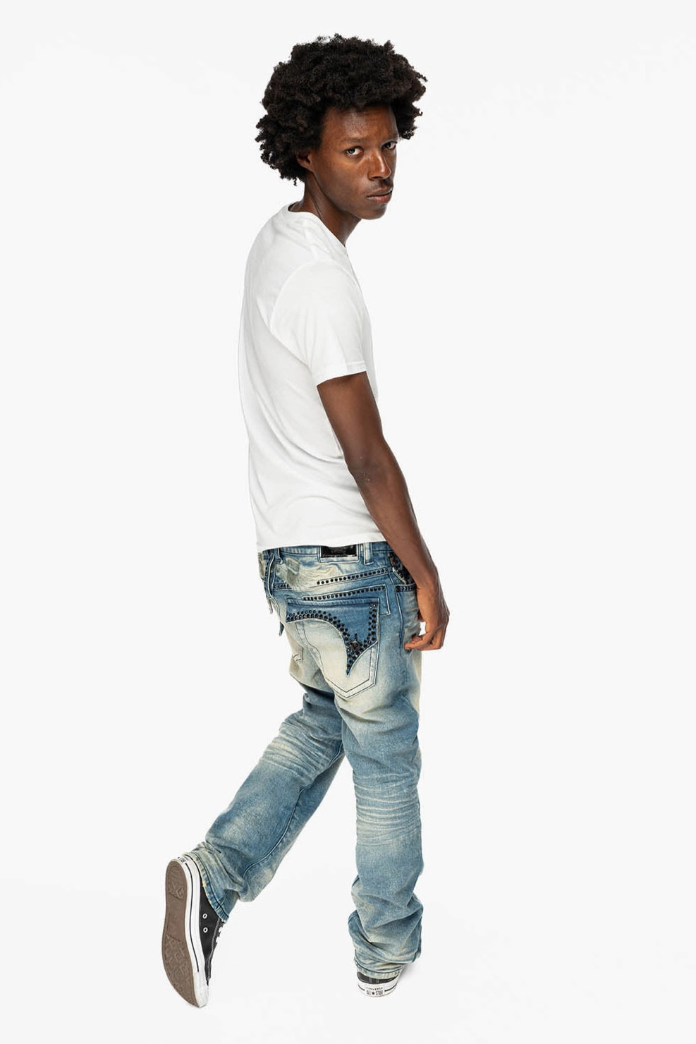 Non Restrictive Thigh Outdoor Enthusiast Premium Home Comfort KILLER FLAP MENS STRAIGHT LEG JEAN IN OMAHA TAN BLUE WASH EMBELLISHED WITH JET BLK  CRYSTAL