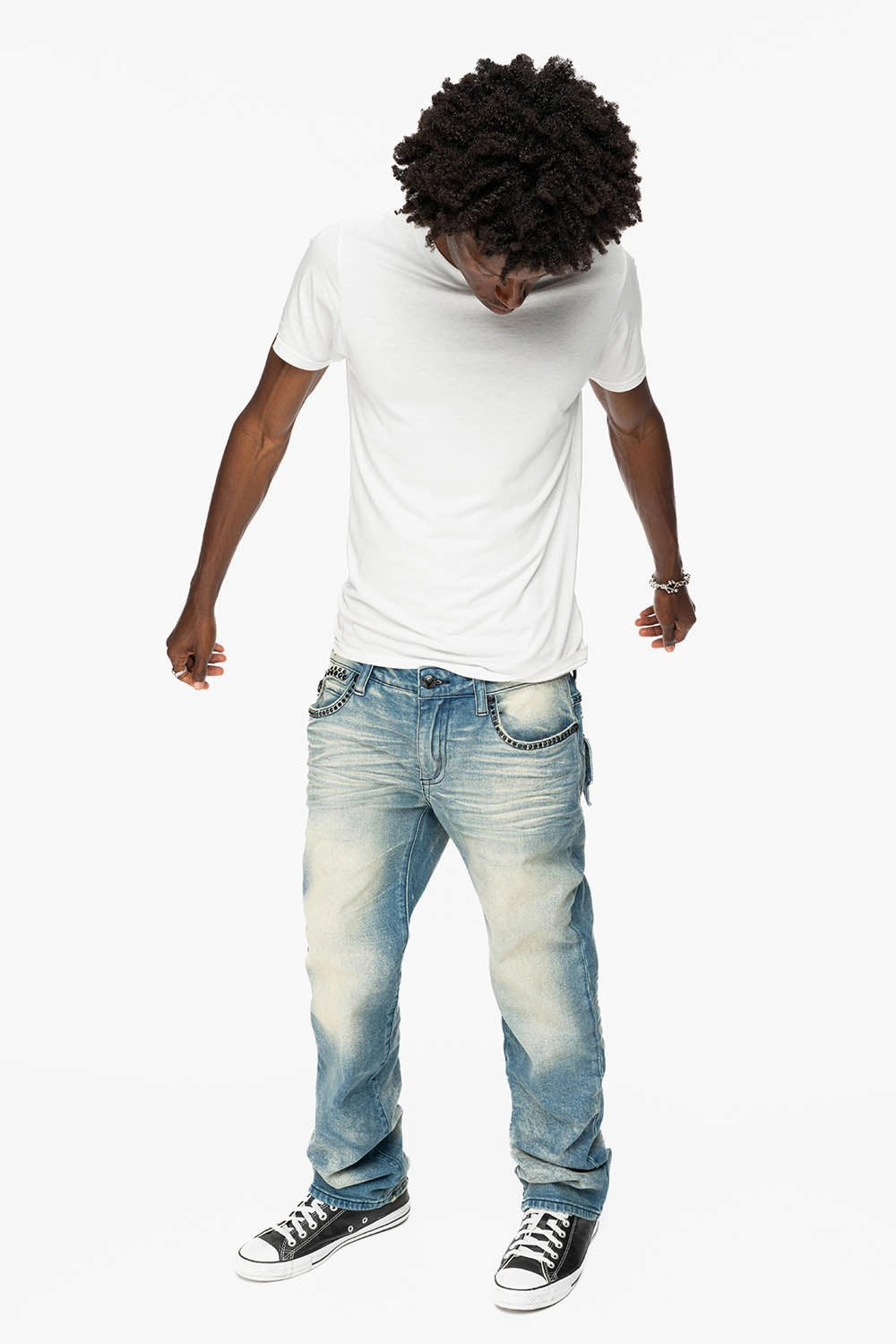 KILLER FLAP MENS STRAIGHT LEG JEAN IN OMAHA TAN BLUE WASH EMBELLISHED WITH JET BLK  CRYSTAL Everyday Neutral Smart Casual Spring Mood Formal