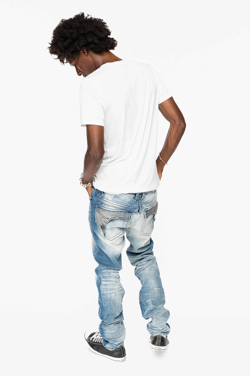 Premium Denim Traveler Gear Sustainable KILLER FLAP  SKINNY JEAN IN BLUE OMAHA MEDIUM WASH FULLY EMBELLISHED WITH  CRYSTALS