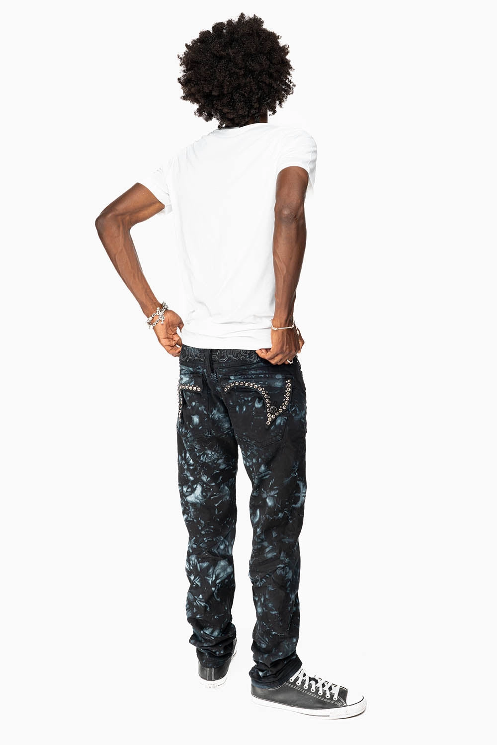 KILLER FLAP SKINNY JEANS IN ASTRO BLUE WITH GOTHIC EMBROIDERY AND CRYSTALS Non Toxic Textile Certified Essential Piece