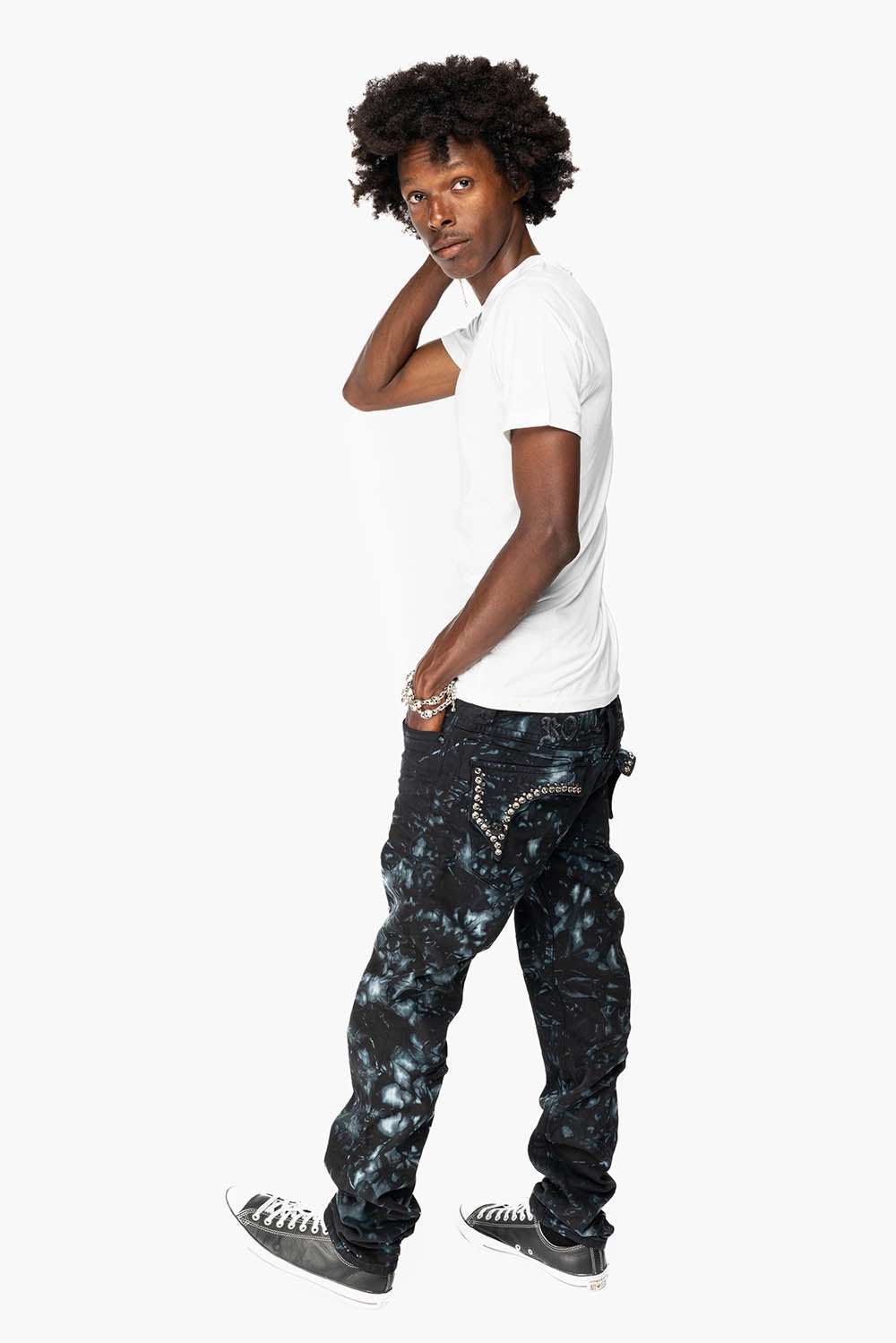 KILLER FLAP SKINNY JEANS IN ASTRO BLUE WITH GOTHIC EMBROIDERY AND CRYSTALS Mid Rise Fit General Fit