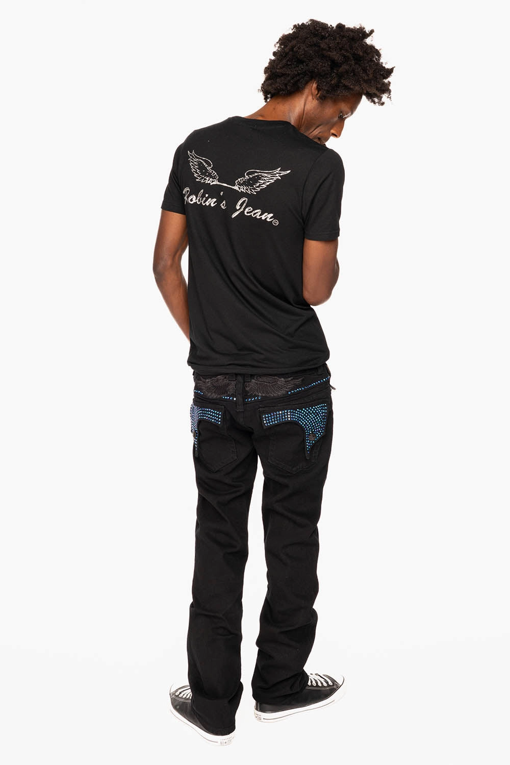 Office Casual KILLER FLAP STRAIGHT JEANS IN PURE BLACK WASH WITH BLUE CRYSTALS
