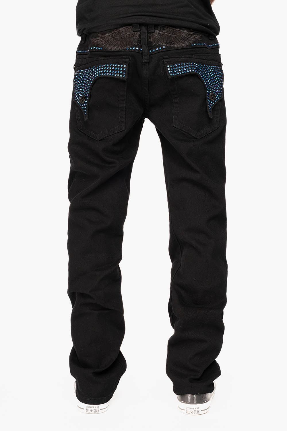Breathable fabric technology Night Out Neutral Textured KILLER FLAP STRAIGHT JEANS IN PURE BLACK WASH WITH BLUE CRYSTALS