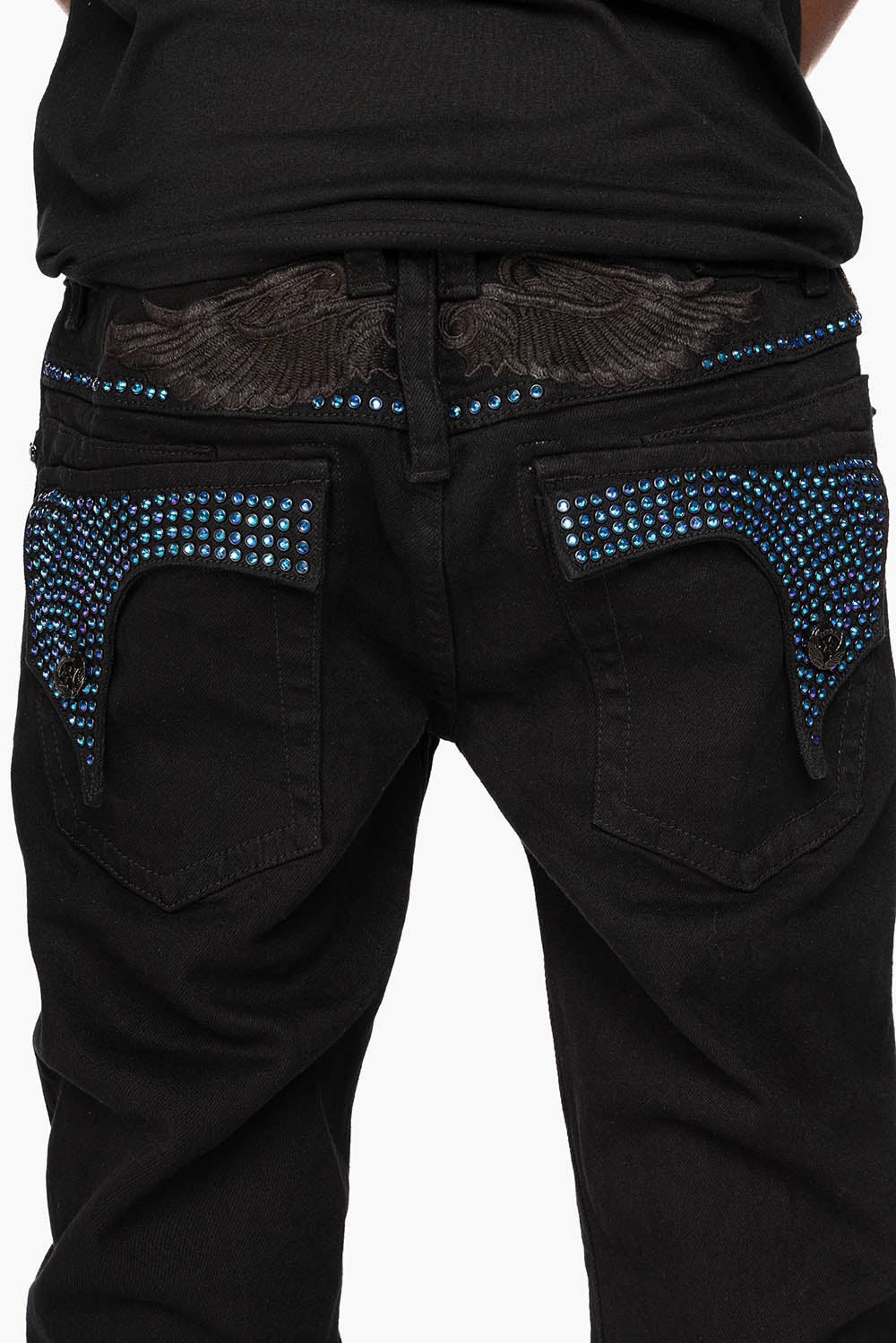 Fashion Focus Active Fit KILLER FLAP STRAIGHT JEANS IN PURE BLACK WASH WITH BLUE CRYSTALS