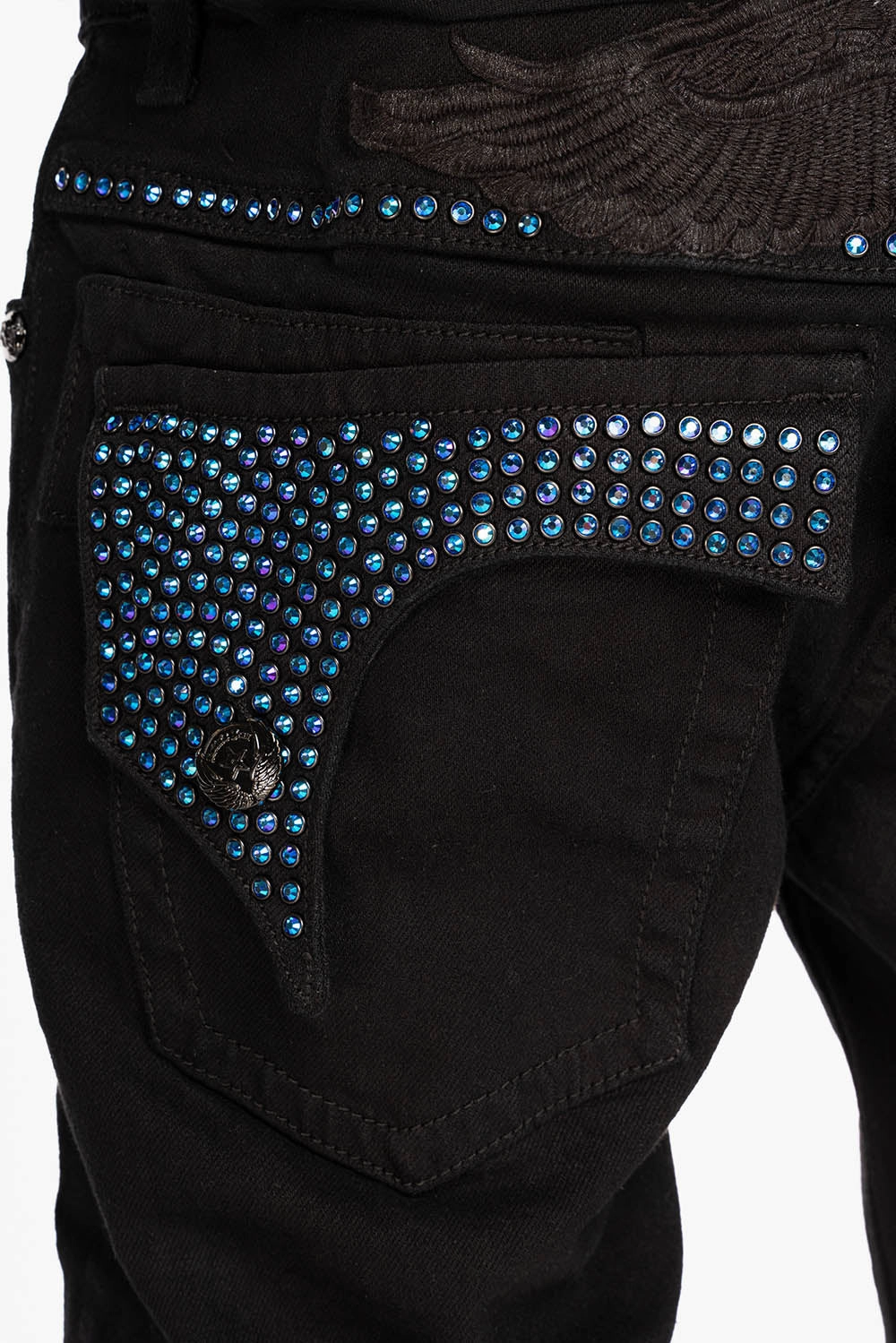 All Purpose Double Layered Knees KILLER FLAP STRAIGHT JEANS IN PURE BLACK WASH WITH BLUE CRYSTALS