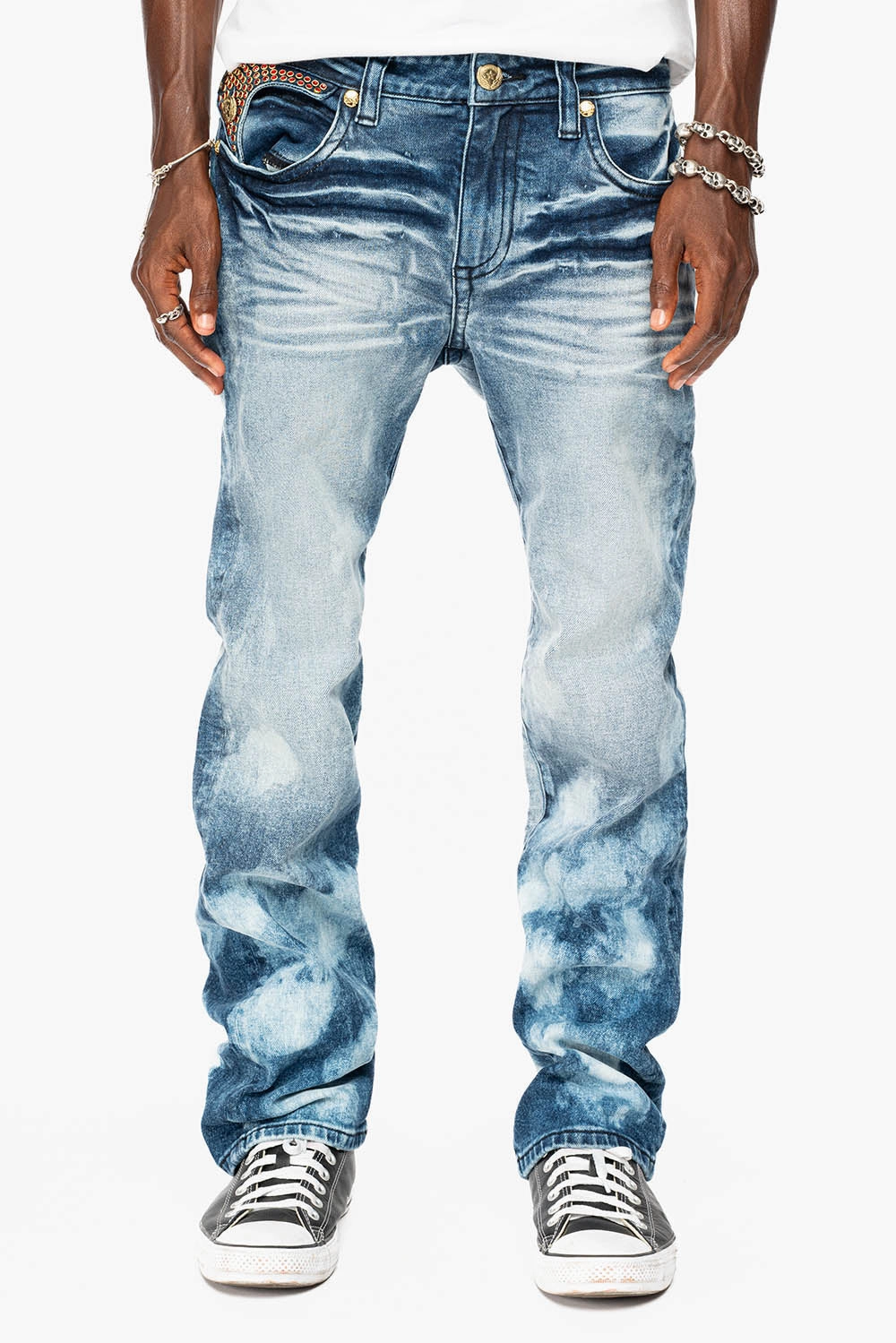 KILLER FLAP  STRAIGHT LEG  JEAN IN BLUE NEW CLOUD JAPAN WASH FULLY EMBELLISHED WITH CRYSTALS Chill Outfit Streetwear Fan Holiday Vibes