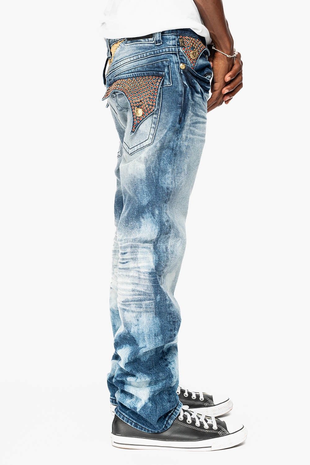 KILLER FLAP  STRAIGHT LEG  JEAN IN BLUE NEW CLOUD JAPAN WASH FULLY EMBELLISHED WITH CRYSTALS Youth Style Student Outfit