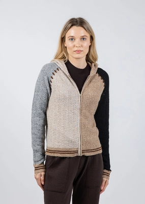 Faye Cabled Hoodie With Whipstitch - Black Brown Multi Adjustable Fit Yarn Dyed Fabric