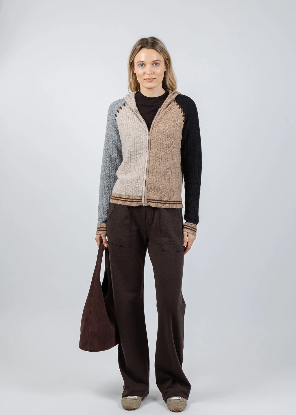 Faye Cabled Hoodie With Whipstitch - Black Brown Multi All-Day Knitwear Anti Static Finish