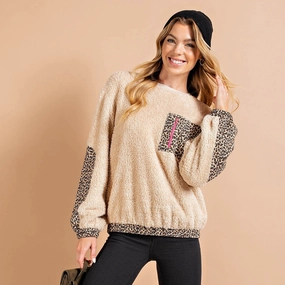 Kori America Women's Tan Furry Cheetah Sweatshirt Noise Reduced Zipper Vintage Pullover