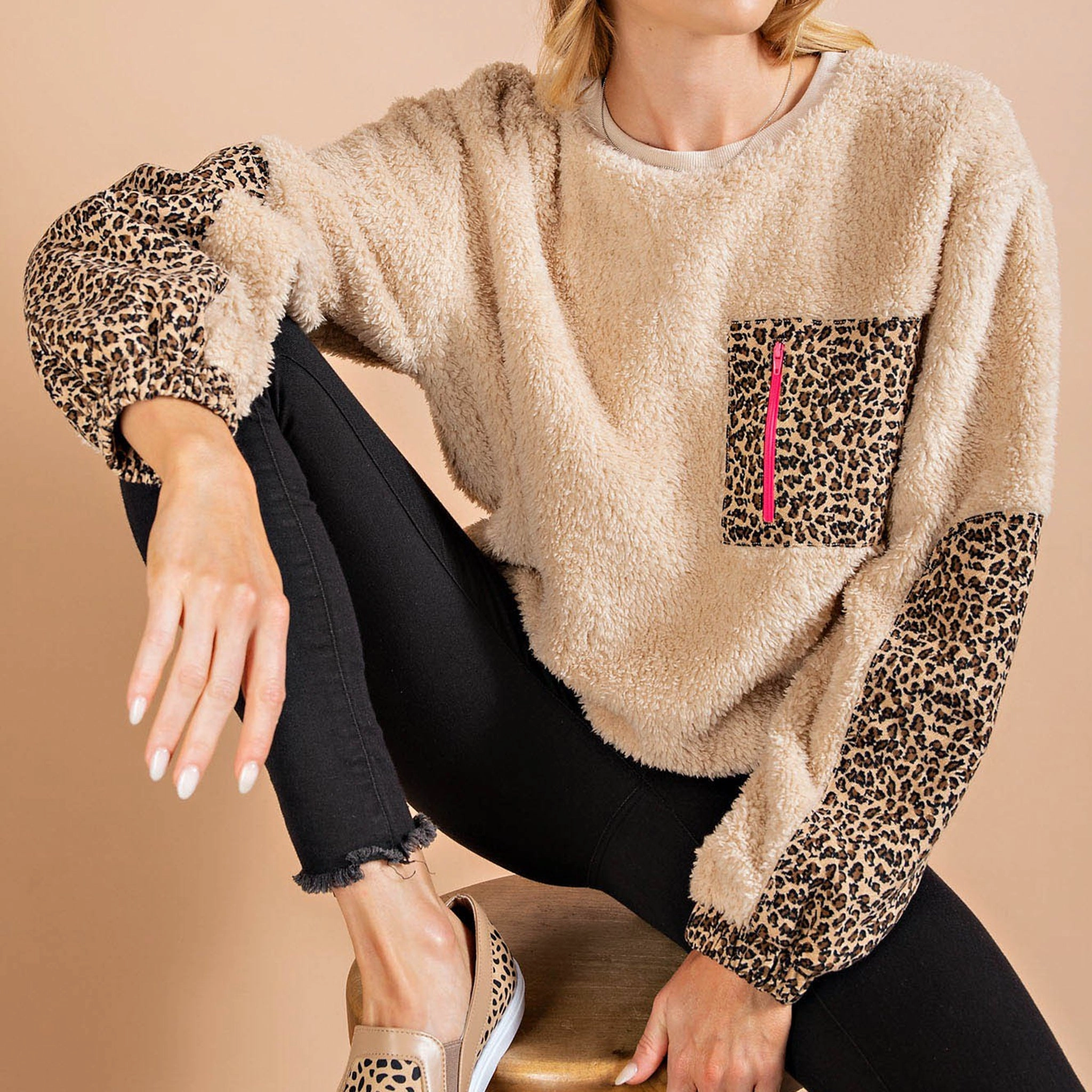 Kori America Women's Tan Furry Cheetah Sweatshirt Curved Hem Design HighNeck