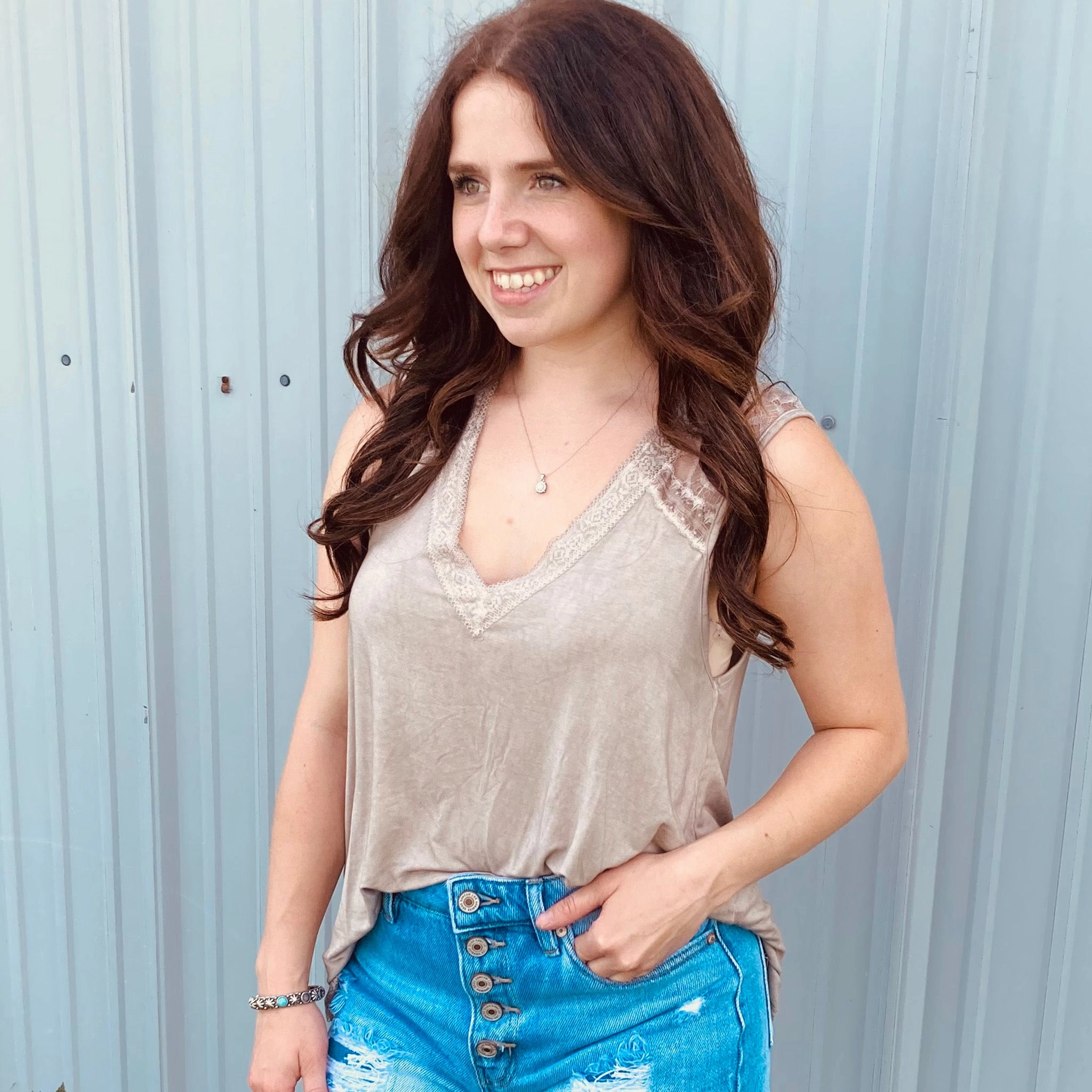 VentilatedBack Retro Style Lace Taupe Tank