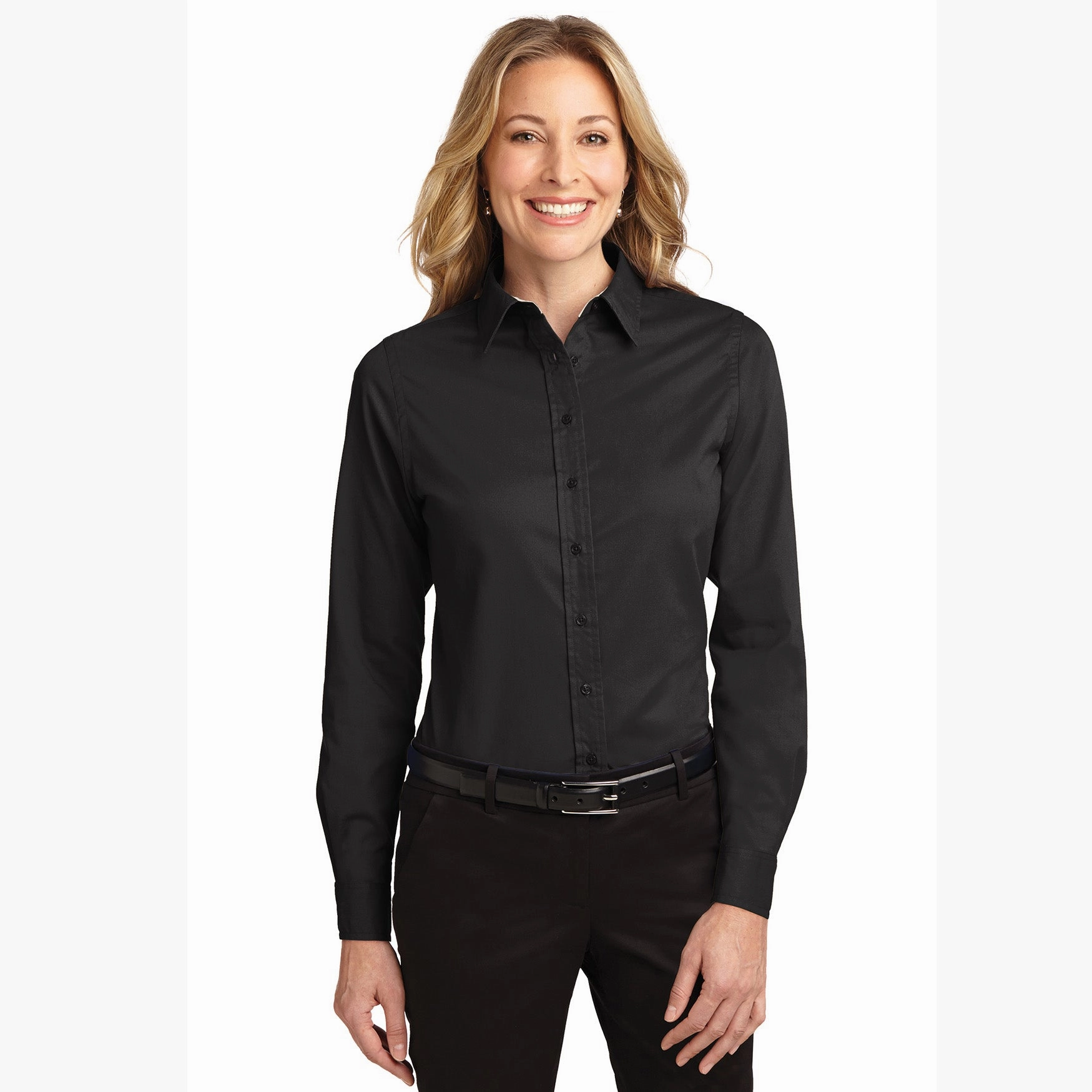 Modern Polo ThermalInsulation Ladies Solid Black Button Down Shirt