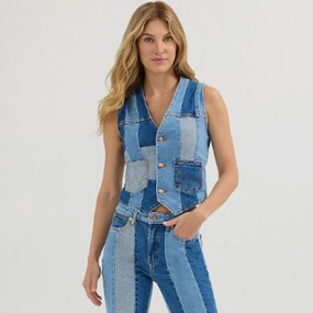 Lainey Wilson Collection from Wrangler - Dentim Patchwork Vest NonIrritatingSeams Sleek Layers