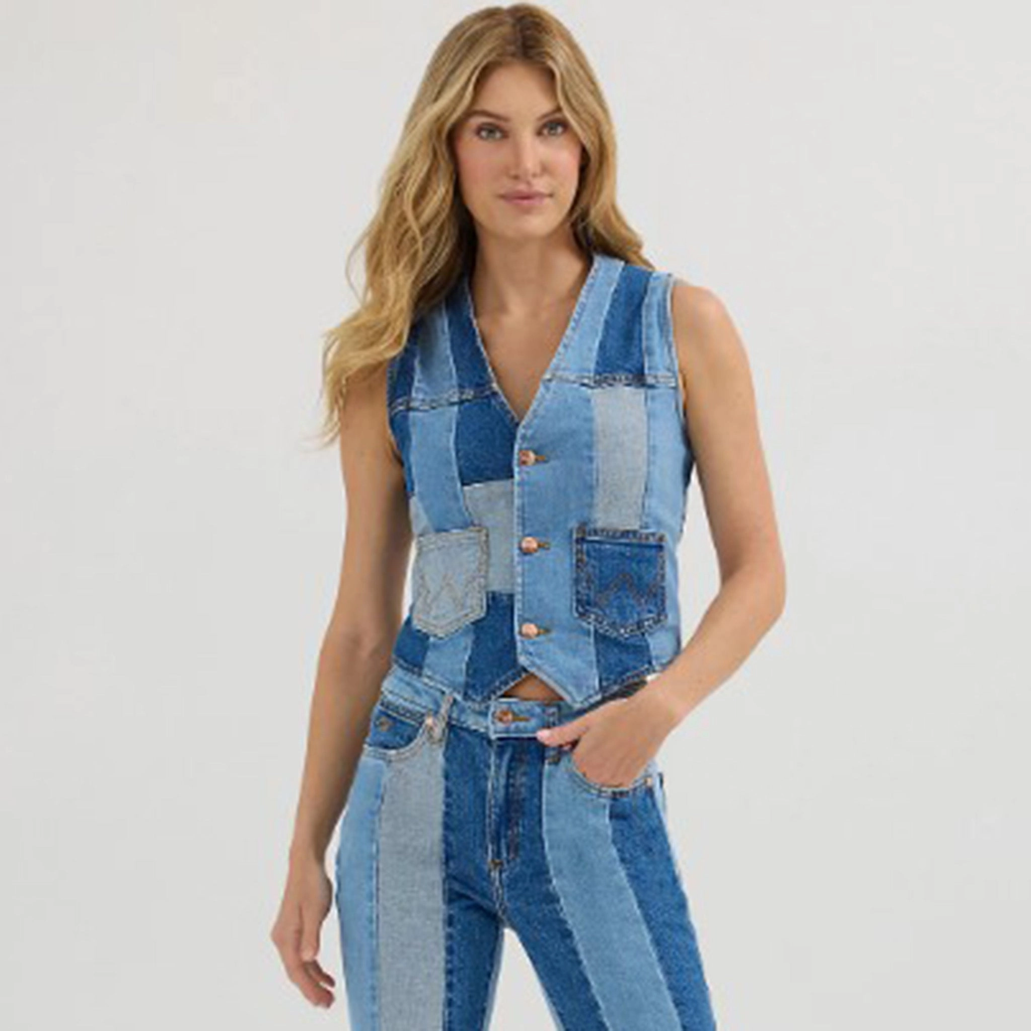 Lainey Wilson Collection from Wrangler - Dentim Patchwork Vest NonIrritatingSeams Sleek Layers