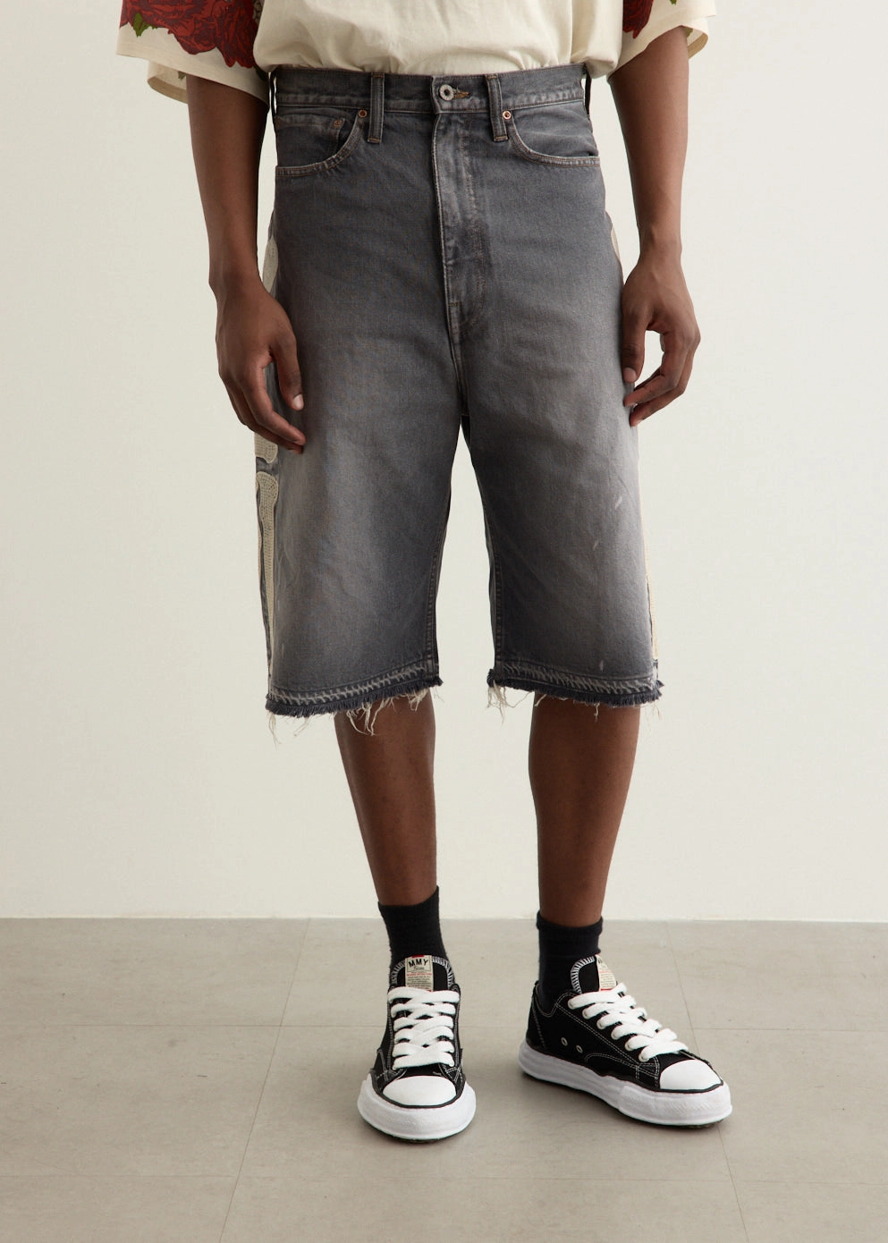 14oz Black Denim 5P Shorts (BONE) Layered Panel Design