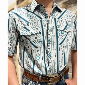 Stretchable Fabric Abstract print White and Turquoise Aztec Striped Short Sleeve Shirt