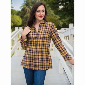 Southern Grace Women's Yellow Plaid with Gold Sequin Yoke Long Sleeve LayeredPanel
