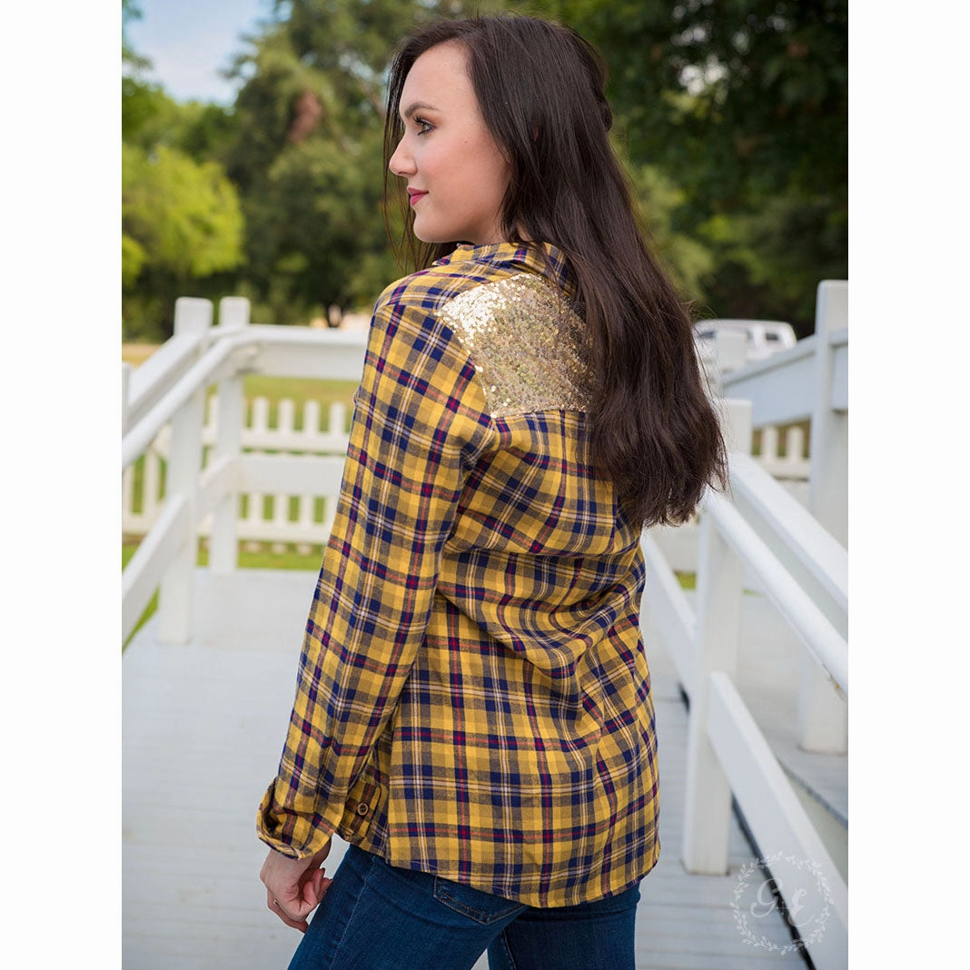 Southern Grace Women's Yellow Plaid with Gold Sequin Yoke Long Sleeve V Neck Design DoubleStitched